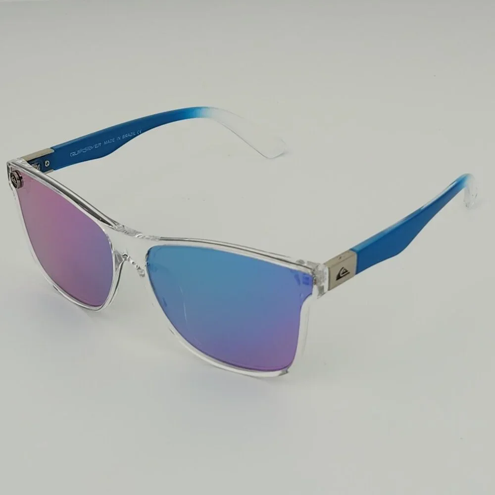 Quiksilver Round Flat Lens Sunglasses Clear Frame Blue Arms Blue-Mirror Lens Q28